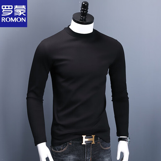 ROMON half turtleneck bottoming shirt for men with slim fit mid-collar mercerized cotton top bottoming T-shirt long-sleeved thin sweatshirt black L 125-140Jin Jin equals 0.5 kg