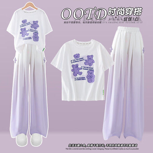 McTicco Girls Summer Clothes 2025 New Set Children's Summer New Chinese Style National Style Short Sleeve Two-piece Set Summer Girls Internet Celebrity 15117 Gradient Purple + 9922 White 160 160cm