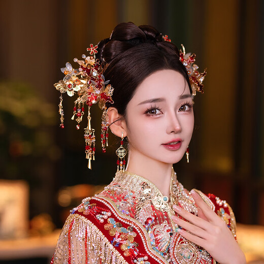 Youshu Xiuhe tiara 2024 new style simple bridal atmosphere wedding Chinese dragon and phoenix gown hair accessories golden red tassels high-end happy events tiara set + ear clip