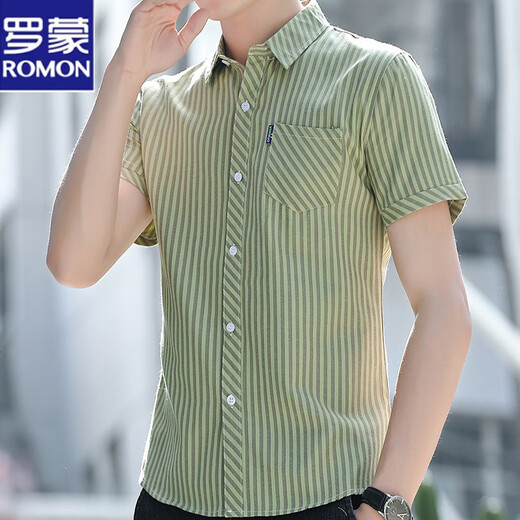 Romon striped shirt men's short-sleeved trendy casual shirt summer men's half-sleeved slim pocket breathable inch shirt 838 yellow XL weight 135 Jin [Jin equals 0.5 kg]