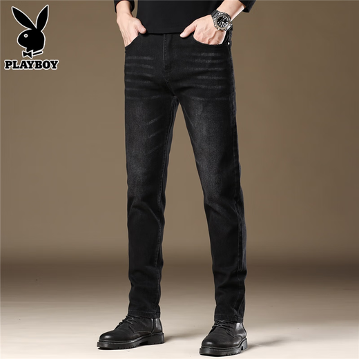 Playboy (Playboy) Jeans-Männer Frühling und Herbst 2025 Neues, schlankes Fit Trendy hübsches, vielseitige Gelegenheitshose für Männer 1048 Black 28 Empfehlung [90-105jin [Jin gleich 0,5 kg]]