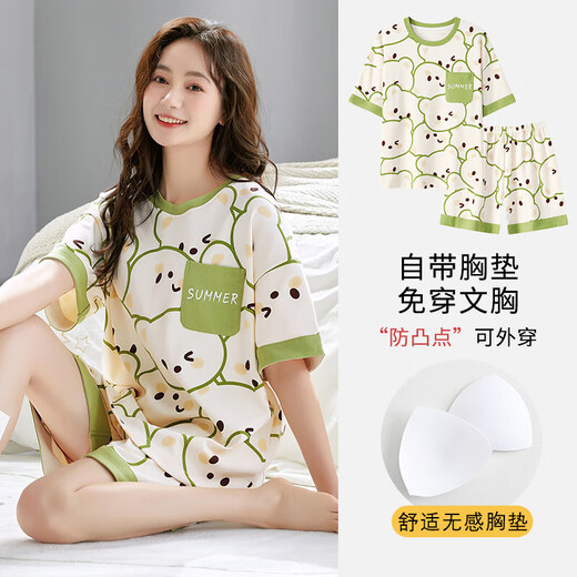 蕉内（Bananain）带胸垫睡衣女款夏季短袖短裤套装妈妈家居服卡通可外出穿夏天 短袖七分裤：HB2603 M 女款M【80-95斤】