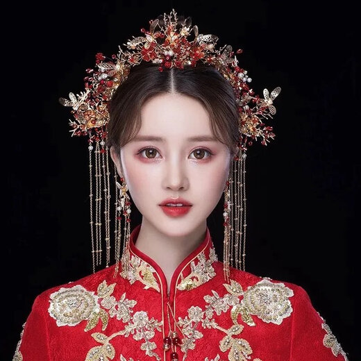 Beibeiyu Bridal Xiuhe Clothing Headwear 2024 New Chinese Style Wedding Atmosphere Xiuhe Hairpin Red Three Styles Xiuhe Hairdress + Ear Clip No Ear Hole Shooting