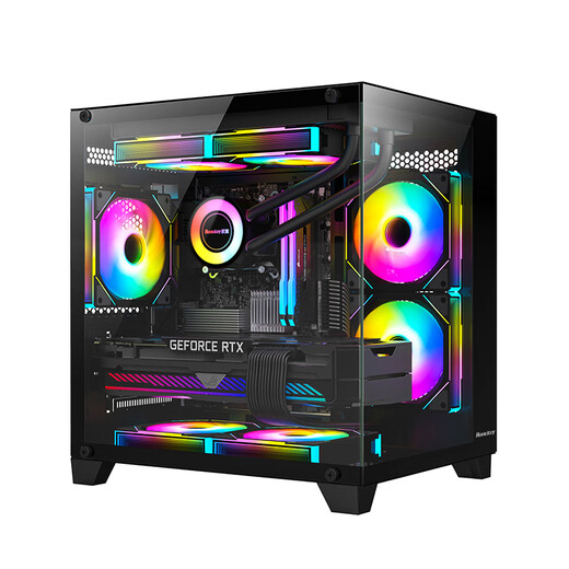 Huntkey S900 Sandstorm Panoramic Edition Sea View Room Chassis Desktop-Computergehäuse (doppelseitiges gehärtetes Glas/linke und rechte Trennwände/240 Wasserkühlung/7 Lüfterpositionen/M-ATX-Motherboard) S900 Sandstorm-Panoramic Edition-Schwarz