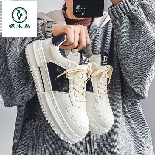 Woodpecker White Men's Shoes 2025 New Spring and Autumn Teenagers Thick Sole Casual White Shoes Feeling Versatile Sports Board Shoes 9906 White Green 39 (245mm)