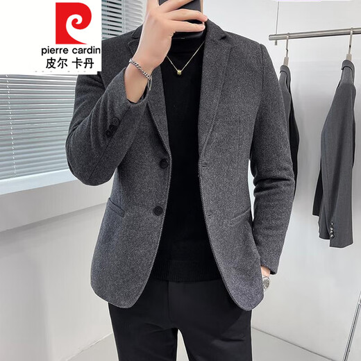 皮尔卡丹（pierre cardin）秋冬毛呢西装男外套短款韩版修身休闲西服领毛呢大衣男 X829双排扣西装 黑色 S 建议80-95斤