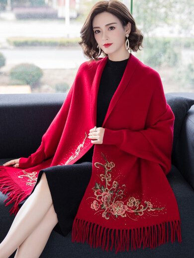 蜜凡苏喜妈妈旗袍配的大披肩旗袍披肩春秋斗篷式围巾两外搭婚礼喜婆婆 16869枣红