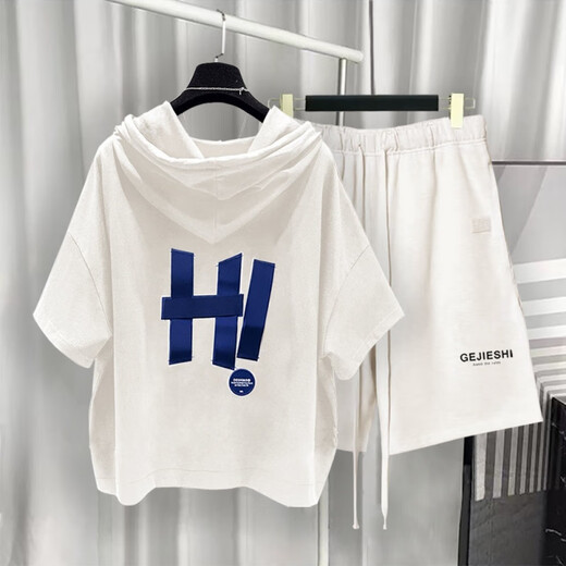 Sommer Pinli Hong Kong Style Hooded Short Sleeve Set Herren Sommer Trendy Printed T-Shirt Complete Set Weiß T5019+Black 9215 2xl Geeignet (150-180Jin [Jin ist gleich 0,5 kg])