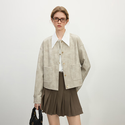 Fan Silan Casual und fähiges Design Kurzes Lederjacke für Frauen im Frühjahr 2025 Neues Pu Leder 1159 Gradient Grey XS