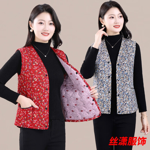 丝潇秋冬马甲新款中老年驼绒保暖轻柔女士坎肩外穿碎花妈妈宽松棉马甲 WY-6629/款2号色 建议990--100斤 2XL