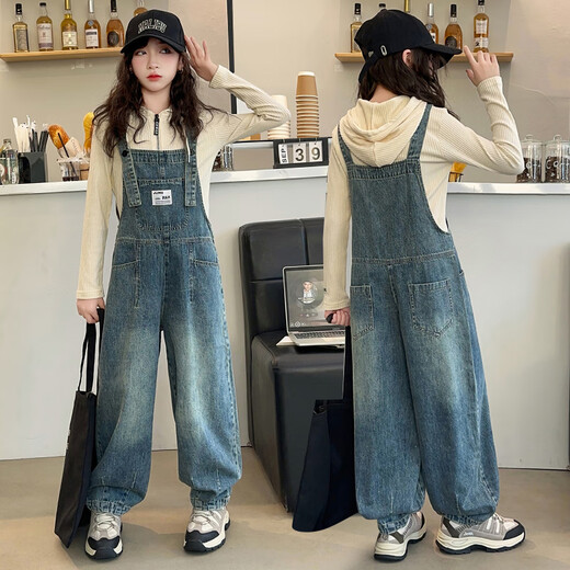 Maidou Xiong Girls Internet Celebrity Overalls Set New Spring and Autumn Clothing Medium and Large Children's Fashionable Denim Overalls Two-piece Set Single-piece Overalls Front Pocket Style 150