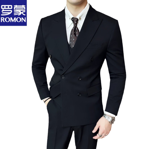 Romon leichte reife Gelegenheitsanzug Doppelbrust 2025 Neues Feder-Sensing-Pendler Einfacher Anzug Kleid Herren Trend dunkelgrau (Anzug + Hosen) Schwarzes Hemd Navy XL (52)