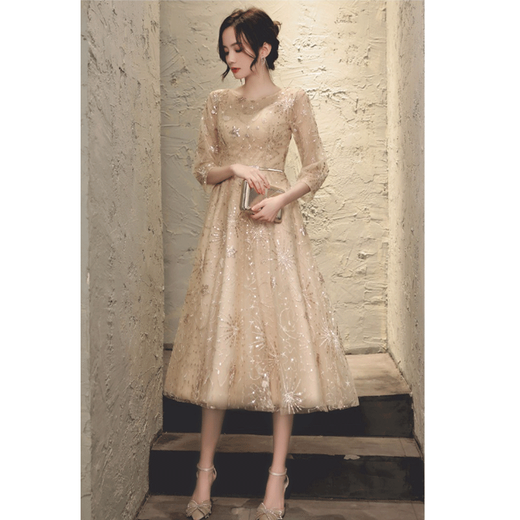 Maxbeth evening dress for women's banquet new champagne color light luxury temperament fairy dress for small people can be worn at ordinary times champagne color S