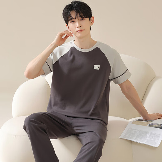 LangSha men's pajamas men's spring and summer pure cotton short-sleeved trousers thin summer teenagers home wear set can be worn outside f-13603 L