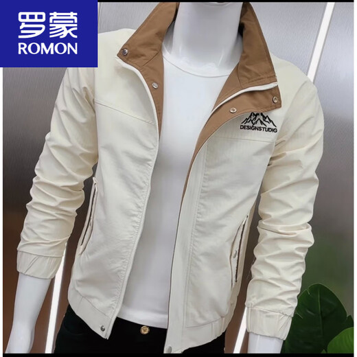 ROMON 2025 new spring and autumn men's jacket stand collar zipper trend Korean style early spring jacket slim and versatile off-white single piece jacket 2XL suitable for 135-145Jin Jin equals 0.5 kg