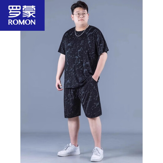 罗蒙（ROMON）冰丝运动套装男夏季大码薄款男士速干五分裤胖子加肥加大宽松短袖 PZ826黑色 高质量冰丝套装 XL 建议130-140斤