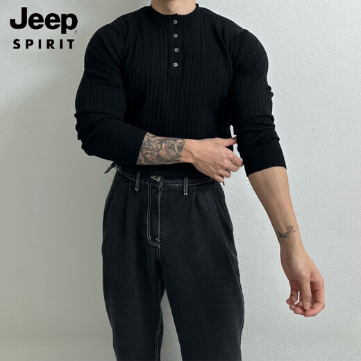 JEEP SPIRIT Henry collar long-sleeved sweater men's spring new American high-end muscular men's fitness all-match slim T-shirt brown M 100Jin Jin is equal to 0.5 kg within