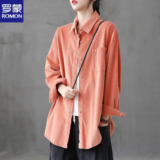 ROMON 2026 Literary Retro Corduroy Long Sleeve Shirt Women's Outerwear Versatile Casual Shirt New Autumn Velvet Top Pink M Recommended 90-110Jin Jin equals 0.5 kg