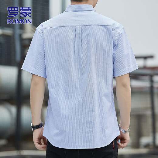 Romon Short à manches à manches de coton de coton pour hommes Summer Summer Striped Business Men's Casual Men's Vêtements Bleu clair 2xl