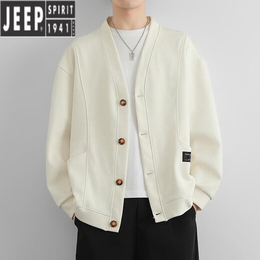 JEEP SPIRITV领针织衫男士春秋款潮牌休闲慵懒风开衫外套感日系夹克上衣 BJ723米白色 L (约110-130斤可穿)