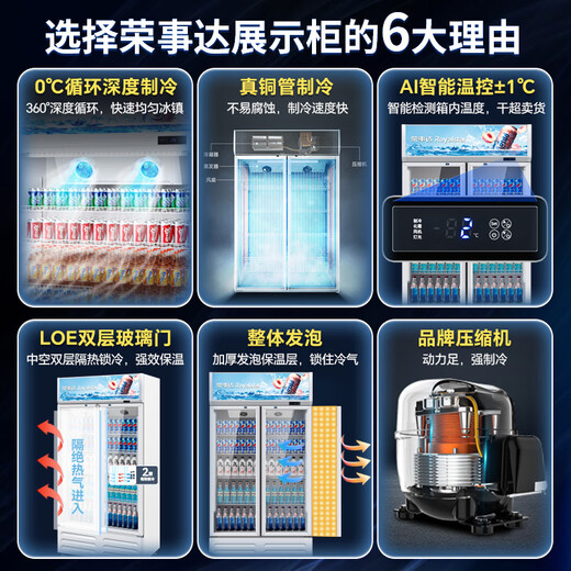 Rongshida Gabinete de exhibición de gran capacidad Supermercado de cerveza Refrigerante vertical Refrigerador comercial Refrigerado directo Puerta de vidrio de vidrio Gabinete de gabinete Freezer Machine de puerta doble azul y blanco 728L [enfriamiento directo y ahorro de energía]