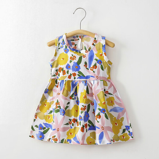 Baby dress, holiday style girl's floral sleeveless dress, thin cotton silk princess dress, T-W2 colorful bunny skirt 110, recommended height around 90