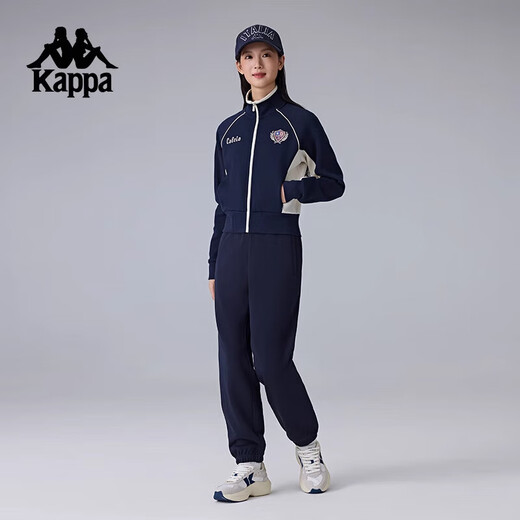 KAPPA卡帕背靠背女款针织运动外套复古休闲开衫夹克撞色立领K0F22WK02 暗夜蓝黑-906 L