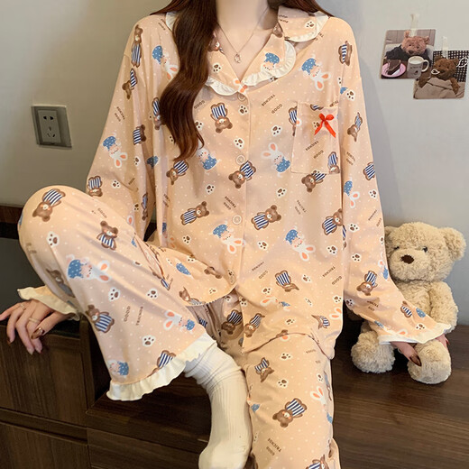 Molianya süßer Stil süßer Pyjamas für Frauen im Frühling und Herbst Sommer Langarm Dünne Schüler Prinzessinstil Cartoon Sommer Home Clothing Set 3523# Falten Stoff Doppellänge Kulomi M 75-100jin [Jin gleich 0,5 kg]