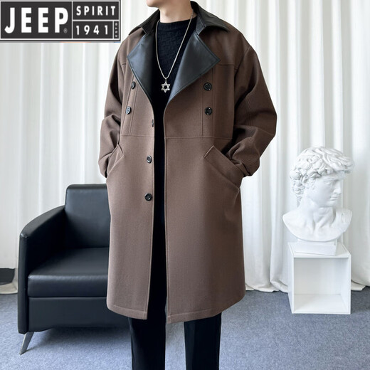 JEEP SPIRIT windbreaker men's mid-length coat 2025 new spring and autumn high-end woolen coat trendy British handsome men's clothing black 2XL