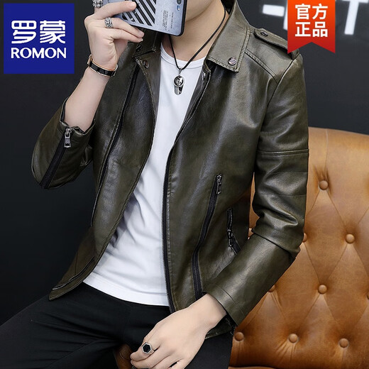 ROMON Leather Men's Jacket 2026 New Spring Trend Slim and Handsome Spring Autumn Winter Motorcycle Jacket Plus Velvet Leather Jacket Black 8921 M