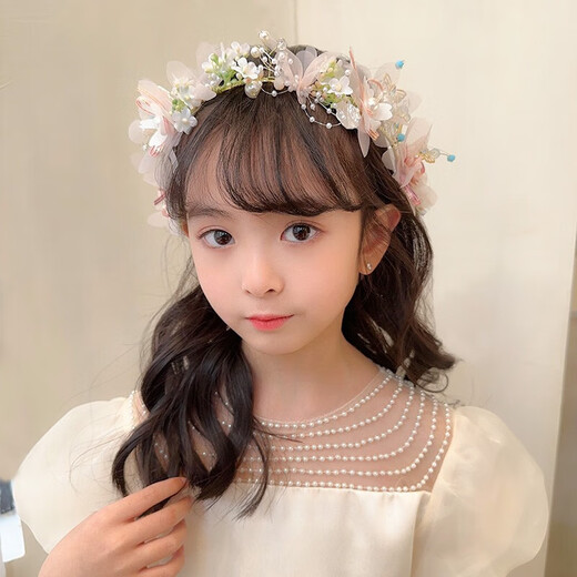 Bai Qixin Children's Crown Garland Headdress Hairpin Girl Hairband Wedding Spring Outing Flower Girl Birthday Headdress Fairy Performance Accessories Fruit Green Beaded Flower Streamer - One Size