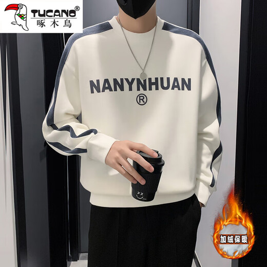Woodpecker sweatshirt men's 2025 spring and autumn new versatile trendy printed long-sleeved T-shirt men's slim loose bottoming shirt men's white plus velvet XL 120-145Jin Jin equals 0.5 kg