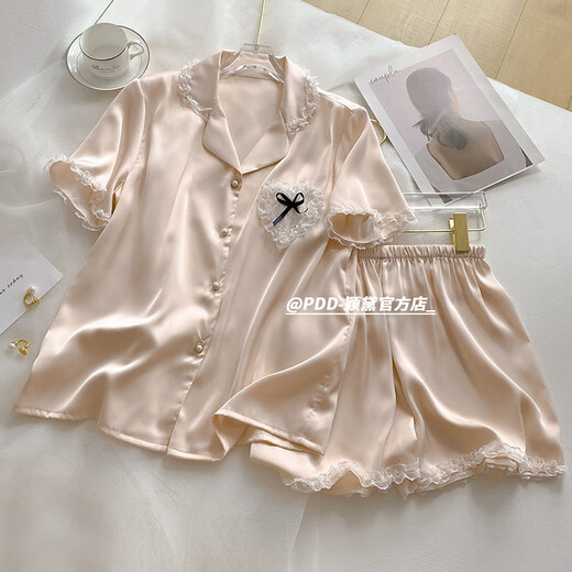 Fhhuabd-Pyjamas für Frauen im Sommer dünne kühle Eis Seide Kurzärmele Ins Stil hochwertiger Liebe Lace Girl Home Clothing Set WLW-9221 Silky Stoff M Empfohlen 80-100jin [Jin gleich 0,5 kg]