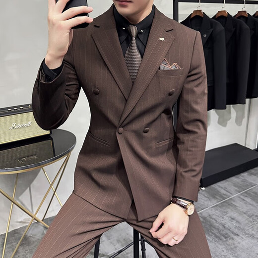 Jason men's double-breasted striped suit suit groom wedding dress business casual work interview suit three-piece suit dark brown (suit + pants) M (95-110Jin Jin equals 0.5 kg)
