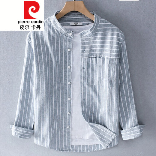 皮尔卡丹品牌男装春春秋季小立领条纹亚麻衬衫男长袖休闲圆领棉麻衬衣针织 9207红色 XL
