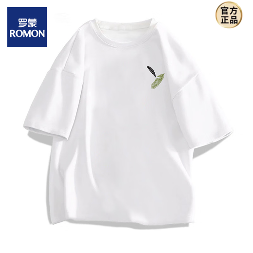 罗蒙（ROMON）男士短袖t恤夏季薄款宽松休闲印花半袖衣服男款重磅棉质体恤 白色【前左侧小图K1098 两片小羽 S 建议90-100斤