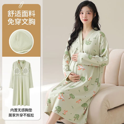 Reines Nachthemd mit Brustpolster neuer Frühlings- und Herbst Sommer langärmelige Kleidung für schwangere Frauen nach der Geburt und nach der Geburt Still- und Schwangerschafts-Pyjamas MNQ13062#RR One Size XXL-Code [140-160]
