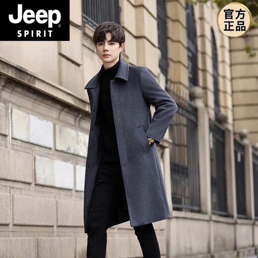 JEEP SPIRIT男士羊毛呢子大衣2025年冬季加绒双面毛呢中长款外套男 X908黑色 L 【111-120斤】