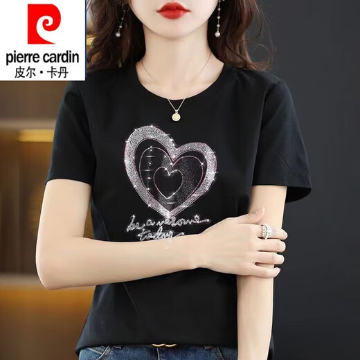 皮尔卡丹（pierre cardin）纯棉短袖t恤女大1码夏装新款时尚烫钻圆领半袖上衣黑色镶钻打底衫 圆领-连环爱心钻-黑色短袖 3524 M 适合80-90斤