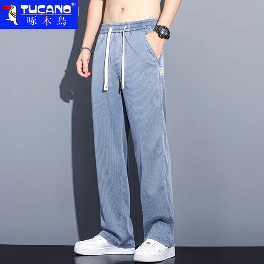 Woodpecker Jeans Men's 2025 Été Nouveau pantalon de la jambe de glace droite en vrac pour hommes décontracté et Evergrande Pantalon Men 1048 Bleu clair 2xl recommandé 150-165jin [Jin est égal à 0,5 kg]