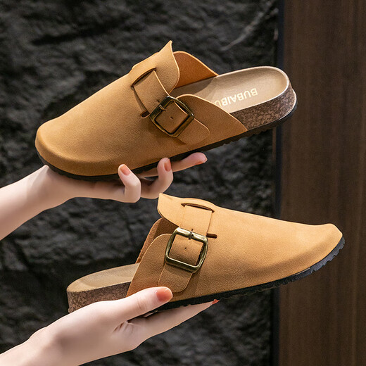 Ella disfruta de zapatos Baotou Birkenstock para mujeres con desgaste de cuero de imitación y mujeres versátiles con medio tirón y pedaleo TQ671 Caki 40/41