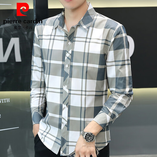 皮尔卡丹（pierre cardin）春季新款冰丝长袖衬衫男格子休闲衬衣上衣服薄款防晒外套潮流衬衣 灰色 【长袖】719 XL 120-133斤