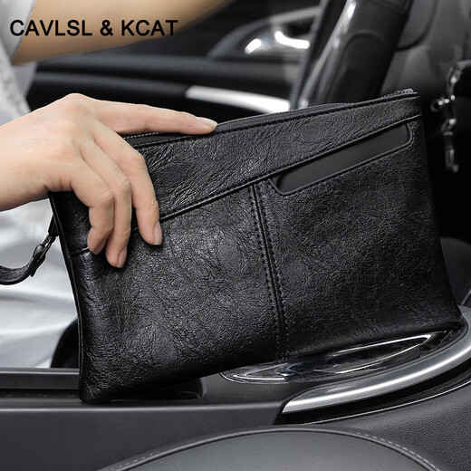 CavlslKcat men's handbag soft cowhide clutch men's business casual clip bag large capacity envelope bag simple fashion handbag black large size 9.7 inch 29*19*2cm