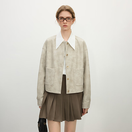 Fan Silan Casual und fähiges Design Kurzes Lederjacke für Frauen im Frühjahr 2025 Neues Pu Leder 1159 Gradient Grey XS