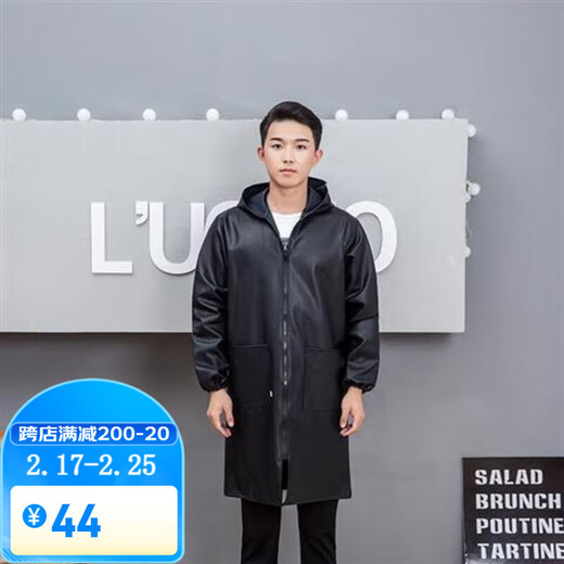 谷舰沐皮衣男宽松加长修车机修养殖屠宰工作服罩衣带帽皮革大褂防水防风 黑色连帽加长款皮衣 3XL 大号