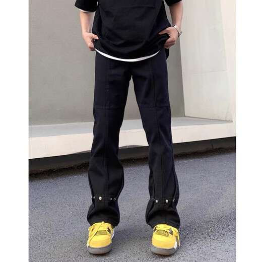 POUM美式高街排扣小众设计牛仔裤男生春秋季潮牌痞帅宽松休闲直筒长裤 WKXS-K691黑色 L