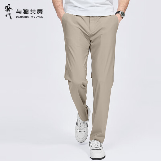 与狼共舞【冰丝超弹】刺绣休闲裤男2025夏季新款亲肤通勤时尚男士长裤4022 卡其701 32