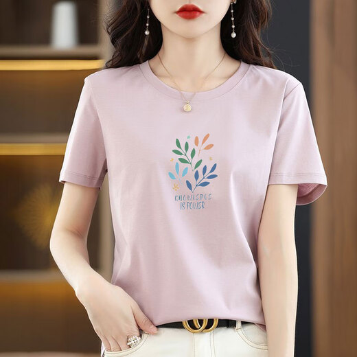 纯棉白色短袖t恤女装宽松印花体恤衫夏季上衣服 6193皮粉 短袖 L (建议105-120斤)