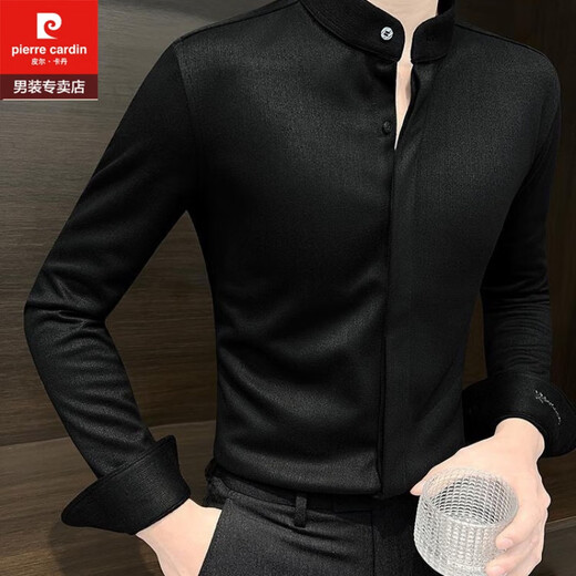 皮尔卡丹（pierre cardin）立领毛呢子长袖衬衫男士秋冬季韩版修身保暖条纹新中式衬衣服男装 深灰 XL 建议【130-150】