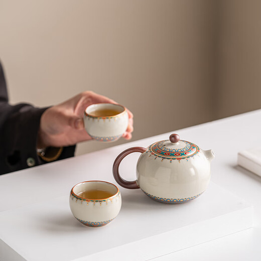 Touching as porcelain Dunhuang Cultural and Creative Ru Kiln Kung Fu Tea Set Teapot Gift Box as a Birthday Gift for Elders as a Business Accompanying Gift Baoxianghua-Jiangshan Picturesque Teapot Gift Box 3 Pieces as a Retirement Souvenir for the Elderly as a New Year's Practical Gift
